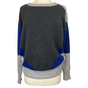 AQUA 100% Cashmere Sweater Gray Blue Colorblock Pullover Roundneck Large